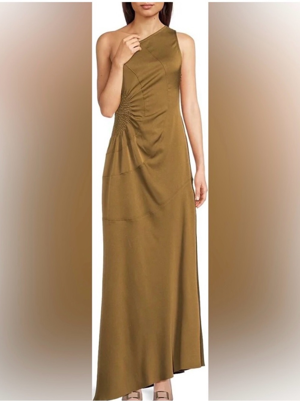 A.L.C. NWT One Shoulder Satin Maxi Dress Olive Brown Ruched Wedding Guest - Picture 1 of 5